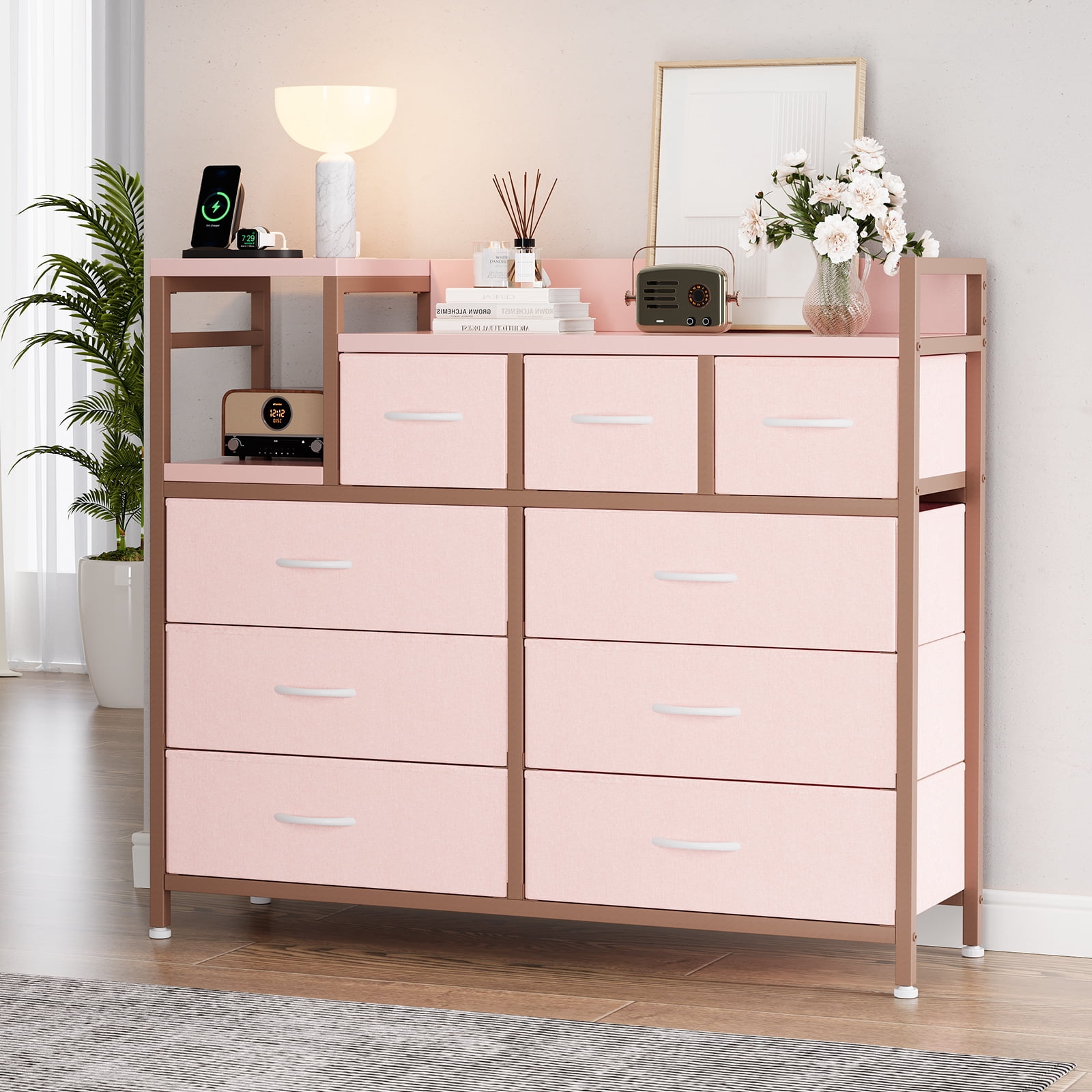9-Drawer Storage Bedroom Dresser TV Stand with Built-in Charging Station, Multi-Functional for Kids Room & Apartments, Tall Organizer, Pink