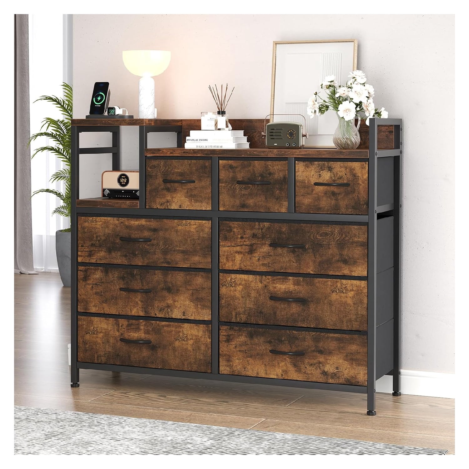 9-Drawer Storage Dresser - Multi-Functional Bedroom TV Stand with Built-in USB Charging Station, Tall Chest Organizer for Closet, Kids Room, Apartments & Small Spaces - Modern Wood Dresser with Ample