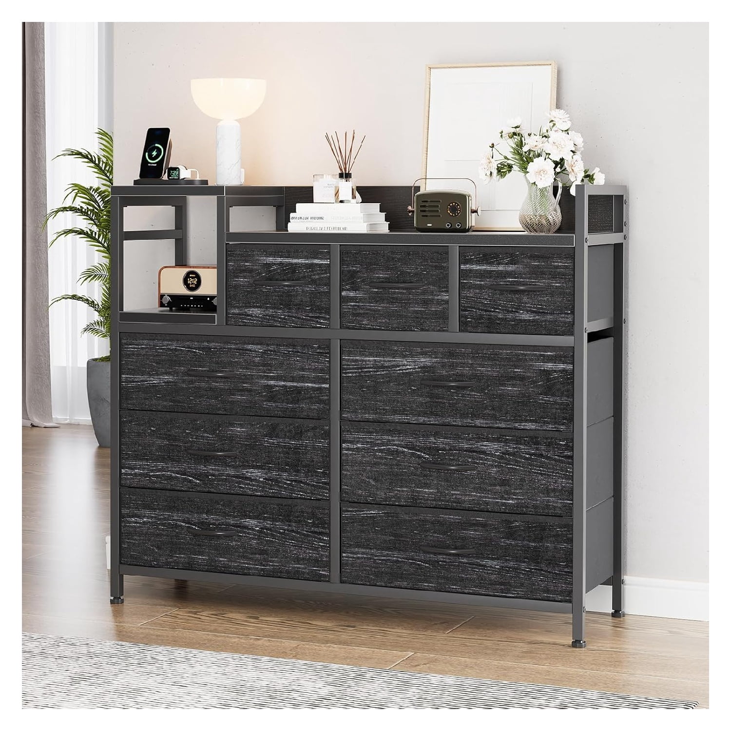 9-Drawer Storage Dresser - Multi-Functional Bedroom TV Stand with Built-in USB Charging Station, Tall Chest Organizer for Closet, Kids Room, Apartments & Small Spaces - Modern Wood Dresser with Ample