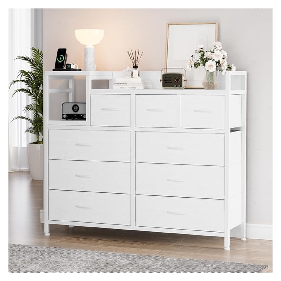 9-Drawer Storage Dresser - Multi-Functional Bedroom TV Stand with Built-in USB Charging Station, Tall Chest Organizer for Closet, Kids Room, Apartments & Small Spaces - Modern Wood Dresser with Ample