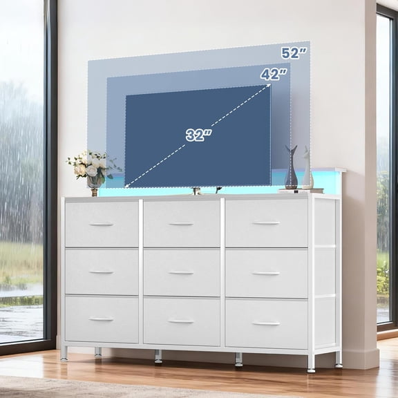 9 Drawer TV Stand with LED Lights, Tall Dresser for Bedroom & Living Room, Entertainment Center for 45 inch TV, Organization Hub, White