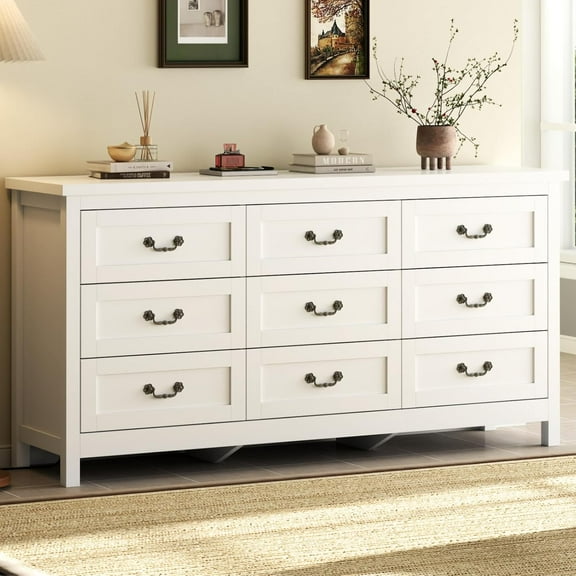 9 Drawer Triple Dresser for Bedroom, 63" Dresser TV Stand for TVs up to 75",Wide Chest of Drawers,Large Storage Long Dressers Organizer with Vintage Pull for Bedroom,Living Room,White