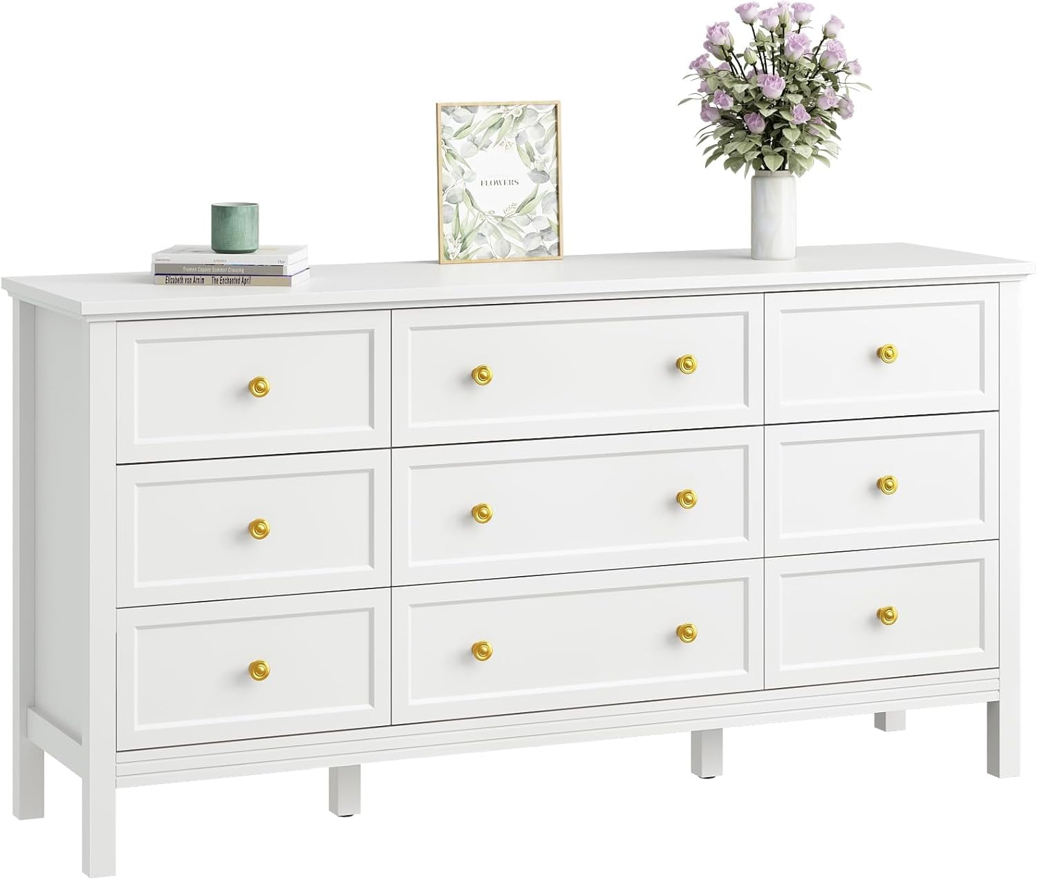 9 Drawer White Dresser for Bedroom with Deep Drawers, Large Dressers & Chest of Drawers With Gold Handle, Modern Long Dressers for Closet Bedroom, Living Room (59.25" W x 15.75" D x 9 Drawer White Dresser for Bedroom with Deep Drawers, Large Dressers & Chest of Drawers With Gold Handle, Modern Long Dressers for Closet Bedroom, Living Room (59.25" W x 15.75" D x