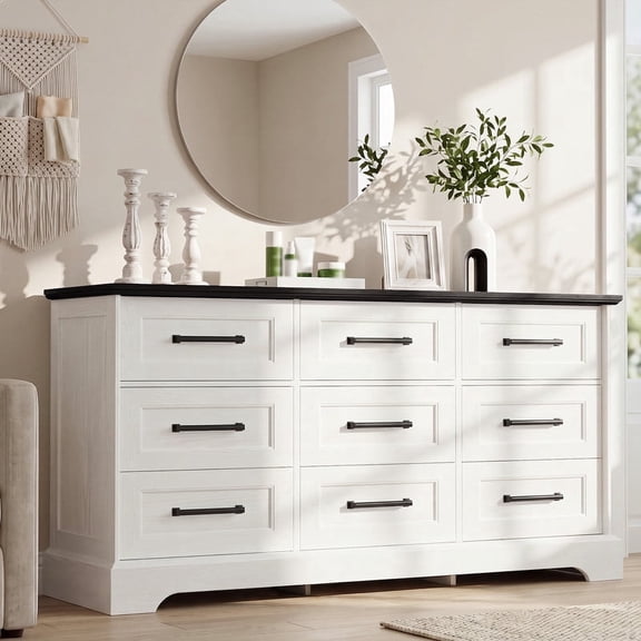 Homall 9 Drawer Wide Storage Dresser for Bedroom, Large Capacity Wood Chest of Drawers with Smooth Silent Drawer Slides, Anti-Tipping Heavy Duty Clothes Organizer Cabinet with Waterproof Tabletop