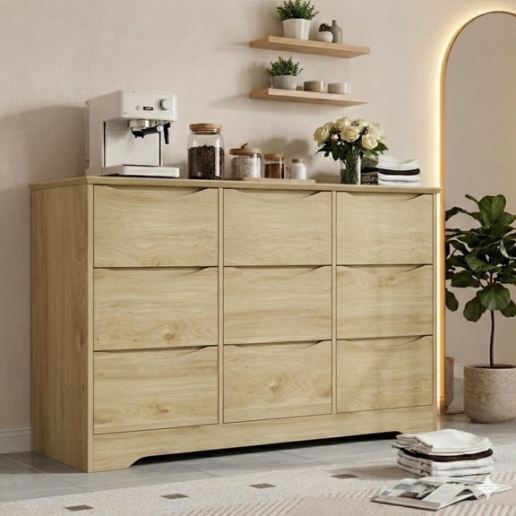 9-Drawer Wooden Dresser, Modern Tall Chest of Drawers with Wide Top, Deep Storage, Hidden Handles, for Bedroom, Living Room, Hallway,Natural