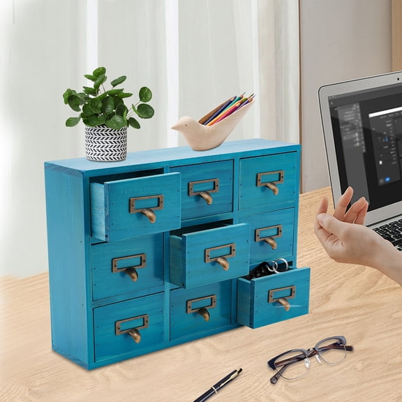 9 Drawers Apothecary Cabinet Case Wooden Desk Drawer Organizer Herb Storage Box 15*3.7*10.2in for Living Room, Dresser, Kitchen