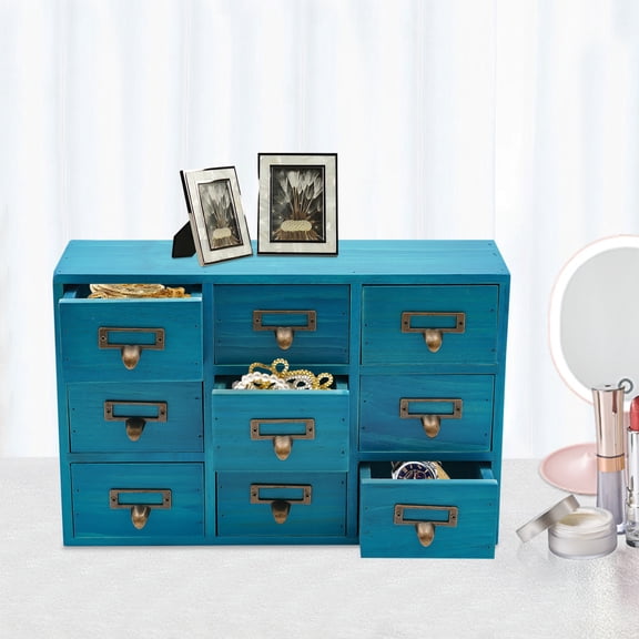 9 Drawers Blue Tabletop Apothecary Cabinet Rectangular Apothecary Chests Cabinets with Metal Handles