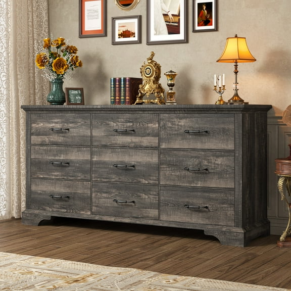 9 Drawers Dresser, 63"L Farmhouse Dressers for Bedroom & Chest of Drawers, Solid Wood TV Stand with Large Metal Handle,Dark Rustic Oak