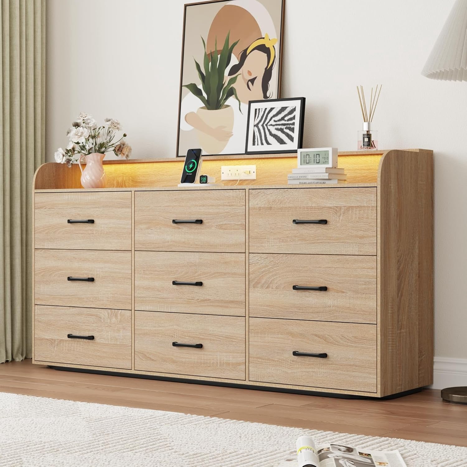 9 Drawers Dresser for Bedroom, 63" Wood Dresser with Power Outlet, LED ...
