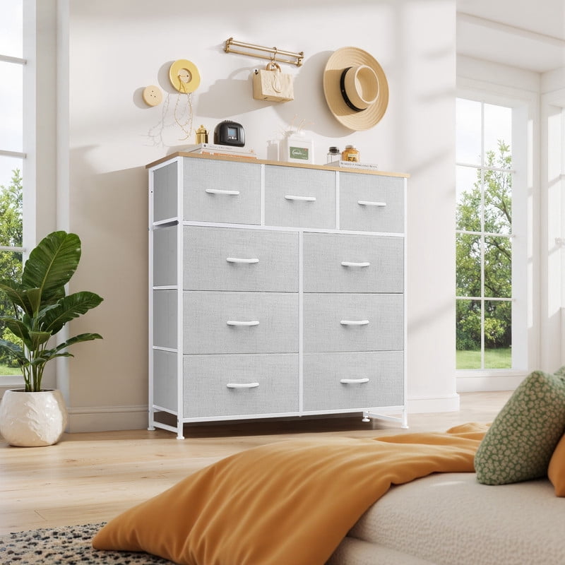 9 Drawers Dresser, Storage Dresser Organizer with Drawers, Chest of Drawers, Dresser with Metal Frame and Wood Tabletop for Bedroom, Guest Room, Closet, Entryway, Nursery, Light Gray
