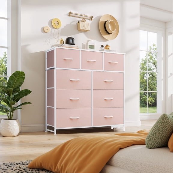 9 Drawers Dresser, Storage Dresser Organizer with Drawers, Chest of Drawers, Dresser with Metal Frame and Wood Tabletop for Bedroom, Guest Room, Closet, Entryway, Nursery, Pink