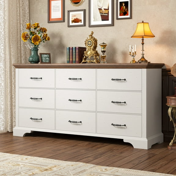 9 Drawers Dresser for Bedroom, 63"L Wood Dresser & Chest of Drawers , Solid Wood TV Stand with Large Metal Handle,White