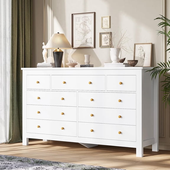 9 Drawers Dresser for Bedroom, Large Chest of 9 Drawers with Wide Tabletop, Modern Wood Storage Cabinet for Living Room Hallway, White