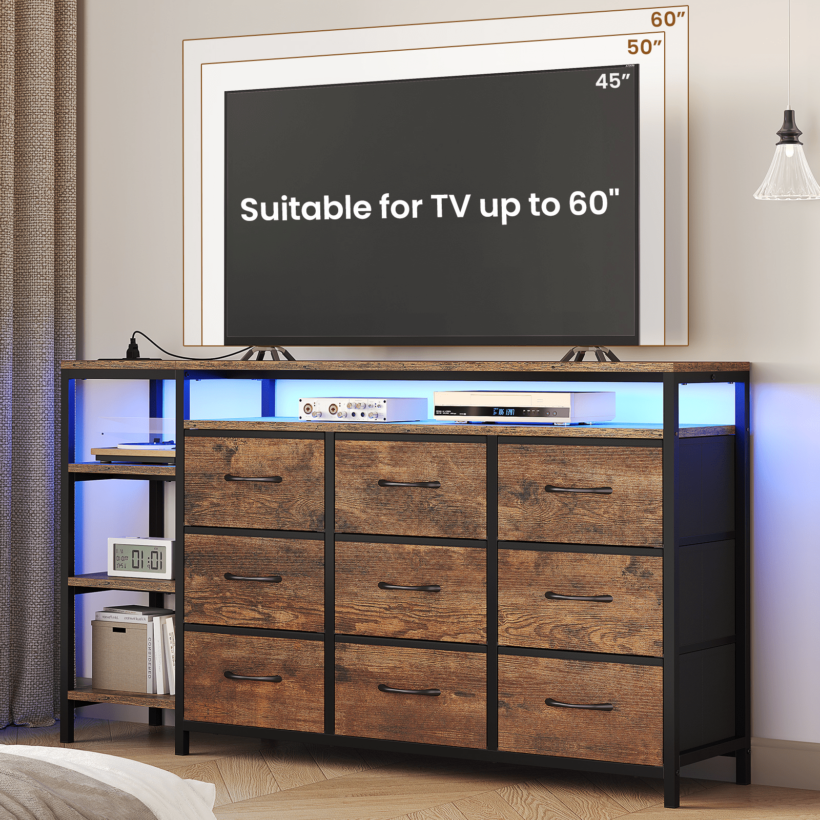 9 Drawers Dressers for Bedroom with LED Lights & Powers Outlets, 53 Inch TV Stand, Entertainment Center with Drawers & Open Shelves for Living Room,Rustic Brown
