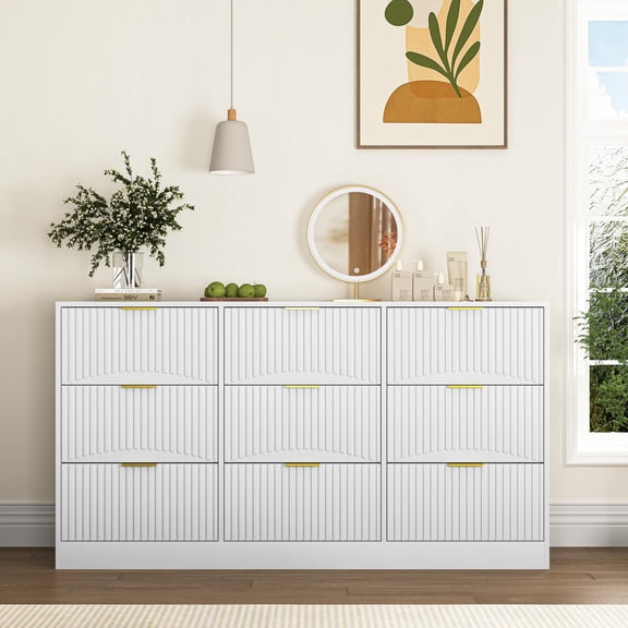 9 Drawers Fluted Dresser for Bedroom, 63" Wide Chest of Drawers with Metal Handle, Modern Wood Dresser TV Stand, Wooden Closet Clothes Storage Organizer for Living Room, Hallway