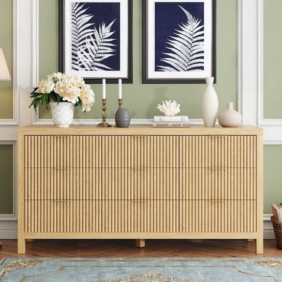 9 Drawers, Modern Large Chest Mid Century Modern Dresser TV Stand, Storage Organizer Dresser with Solid Natural Wood Legs for Bedroom, Living Room, Hallway, Natural Oak