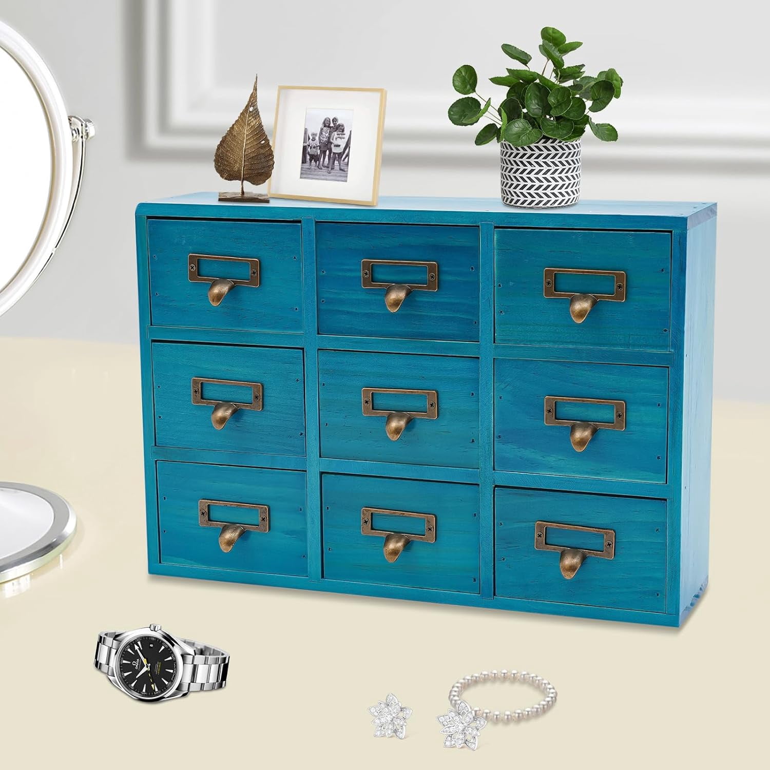 9 Drawers Wooden Apothecary Cabinet, Vintage Desk Drawer Organizer ...