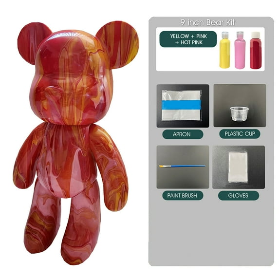 9" Easy DIY Create customize Art and Craft kit Non-Toxic Pour Over Acrylic Paint Bear Kit-Yellow-Pink-Hot Pink