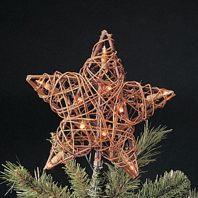 9" Natural Brown Rattan Star Christmas Tree Topper with Clear Lights