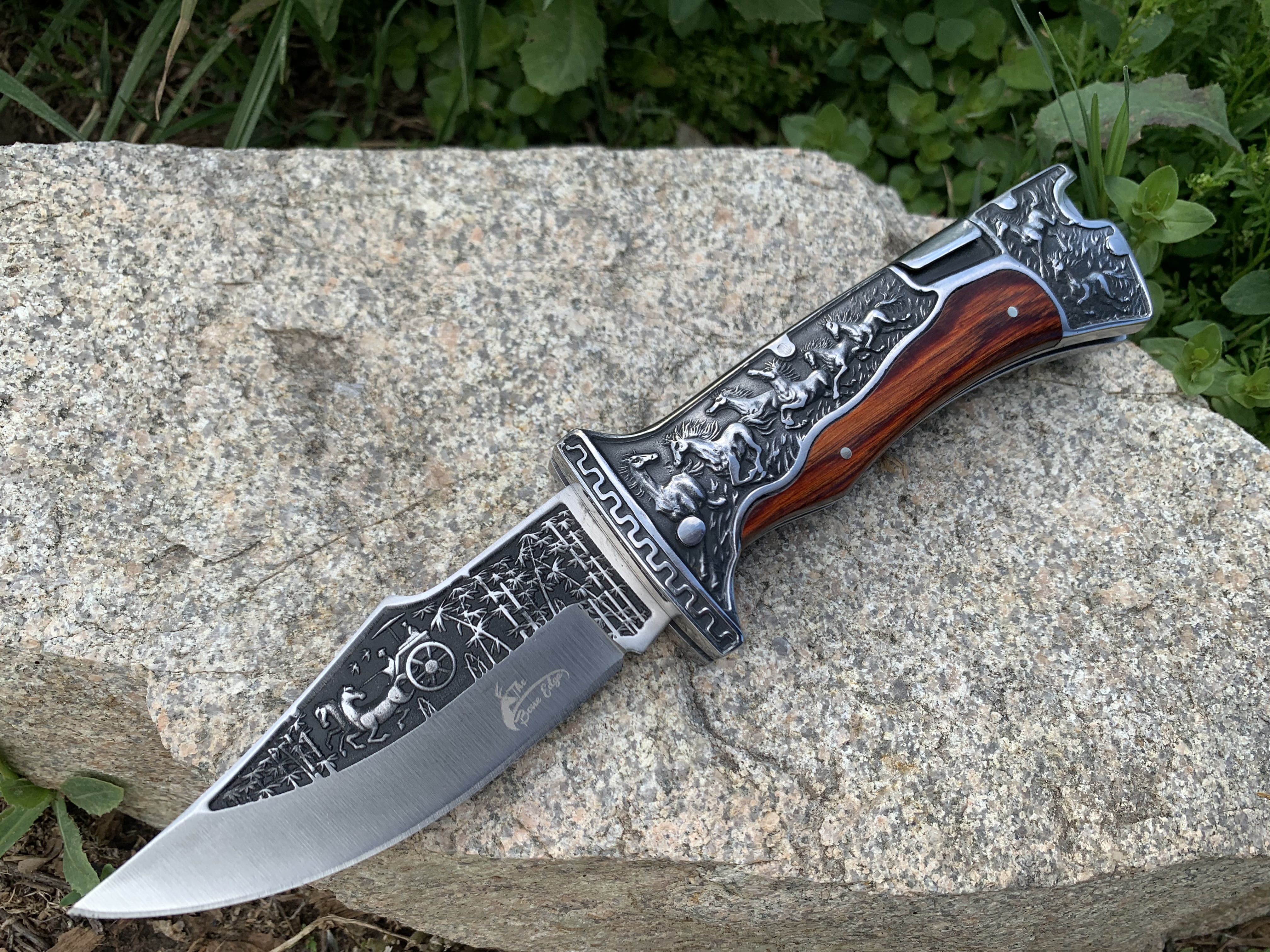 9" Engraved Hunting Folding Open Blade Pocket Knife Wood Handle 3CR13 Steel