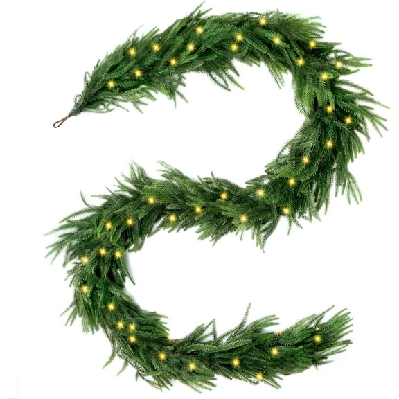 9 FT Artificial Norfolk Pine Garlands with Lights, Pre-Lit Christmas Garland, Real Touch Pine Artificial Faux Greenery Garland for Table, Mantle, Wall, Indoor, Outdoor Christmas Decorations