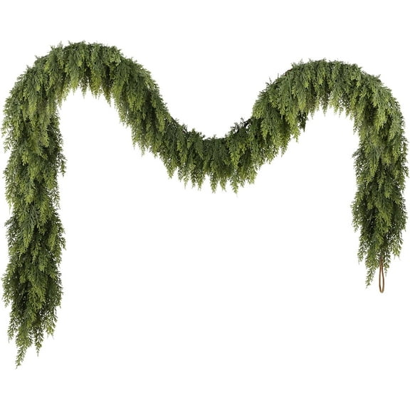 9 FT Christmas Cedar Garland with Realistic Soft Thickness Pine, Artificial Green Faux Cedar Pine Garland for Fireplace Mantle Fireplace Indoor Outdoor Holiday Party Home Decoration