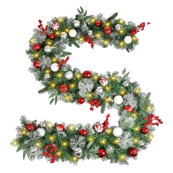 9 FT Christmas Garland, Artificial Christmas Hanging Garland, Red Gold Glitter Ball Decoration for Home Stairs Table Fireplace Xmas Holiday Festival Decor