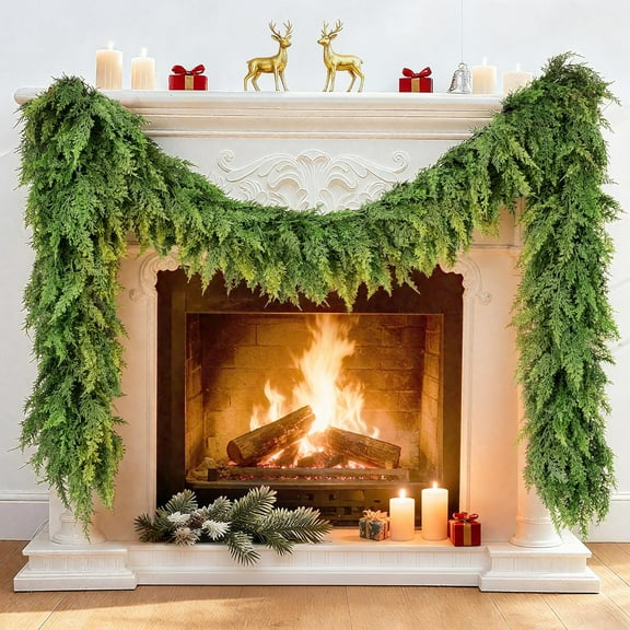 9 FT Christmas Garland Faux Cedar Cypress Garland Soft and Lush Pine Garland Realistic Greenery Garlands for Table, Stairs, Porch, Mantel, Doorframe, Fireplace Indoor Outdoor Xmas Decorations