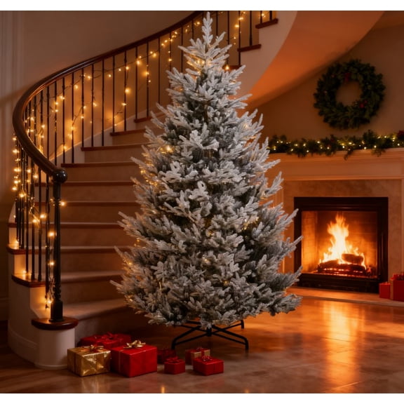 9 FT Flocked Hinged Artificial Christmas Tree with 1939 Tips, Steel Base