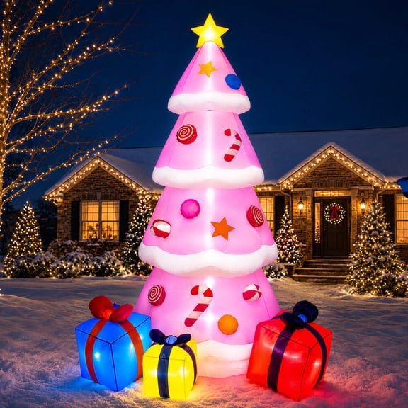Goosiay 9ft Tall Pink Christmas Inflatables Tree with LED Lights and Gift Boxes for Outdoor Yard Decor