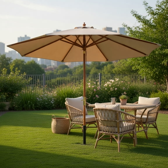 9 FT Outdoor Patio Umbrella with 8 Bamboo Ribs,Beige, Brown, Navy & Natural Polyester Canopy,Heavy-Duty Pool & Table Umb