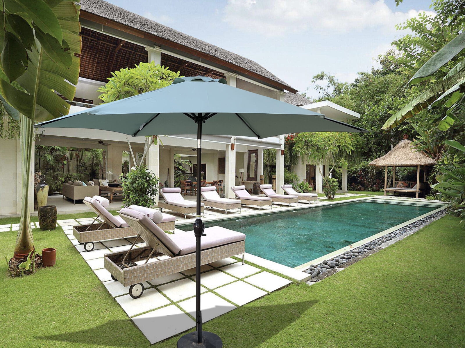 9FT, Patio Hanging Umbrella ,Outdoor Market Umbrella with 1.49'' diameter steel pole and 6 steel ribs ,crank handle,sunshade, for Garden, Lawn, backyard and Deck,Frosty Green