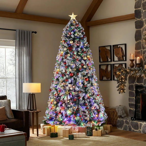 9 FT Pre-lit Green Flocked Artificial Christmas Tree, 2094 Branch Tips, 900 Warm Color Lights with 8 Modes, Automatic Structure, Remote Control for Home