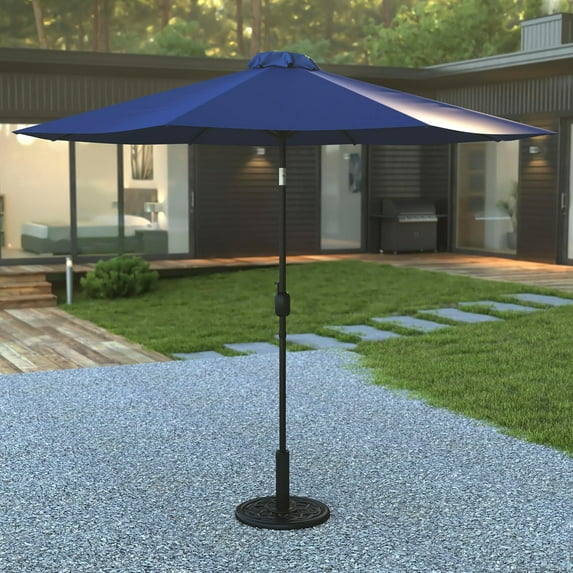 9 FT Round Umbrella with Crank and Tilt Function and Standing Umbrella Base
