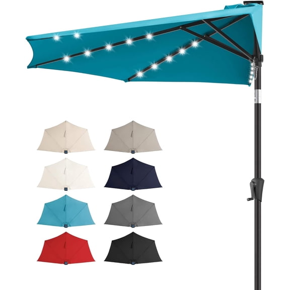 9 FT Solar Half Patio Umbrella with 25 LED Lights, Half Outdoor Umbrella with Button Tilt, Half Round Table Umbrella For Deck, Backyard, Balconies, Decks, Rvs, UV Protection (Aqua Blue)