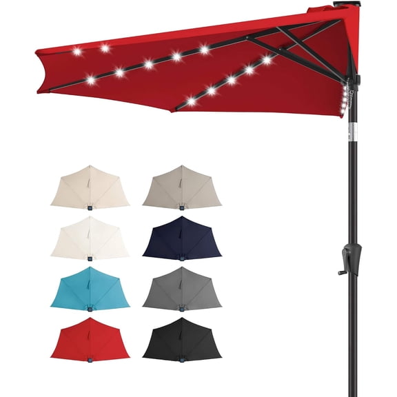 9 FT Solar Half Patio Umbrella with 25 LED Lights, Half Outdoor Umbrella with Button Tilt, Half Round Table Umbrella For Deck, Backyard, Balconies, Decks, Rvs, UV Protection (Red)