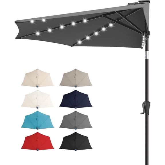 9 FT Solar Half Patio Umbrella with 25 LED Lights, Half Outdoor Umbrella with Button Tilt, Half Round Table Umbrella for Deck, Backyard, Balconies, Decks, Rvs, UV Protection (Anthracite)