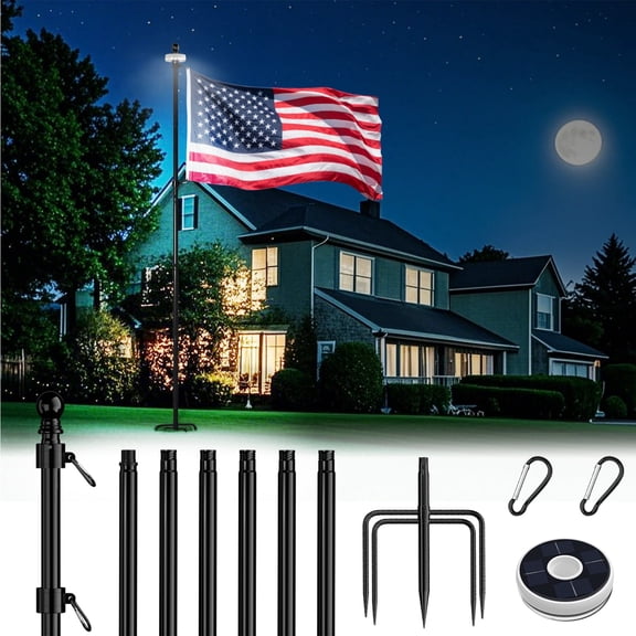 FIASON 9 FT Black Stainless Steel Tangle-Free Flag Pole Kit, Heavy Duty In-Ground Flagpole with Solar Light & 5-Prong Base for Yard, Garden & Commercial Outdoor Use, No Flag Included