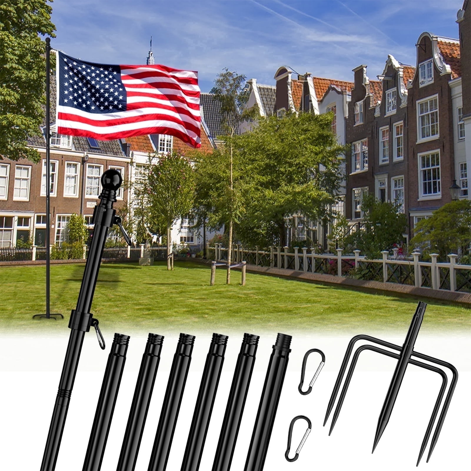 FIASON 1 Pack 9 FT Black Stainless Steel Flag Pole, Heavy Duty Tangle-Free Flagpole with 5-Prong Base, In-Ground Kit for Yard Garden Commercial Outdoor Use, No Flag Included