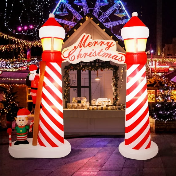 9 FT Tall Christmas Inflatable Santa and Elf by the Arch Holiday Yard Decoration, Internal LED Lights