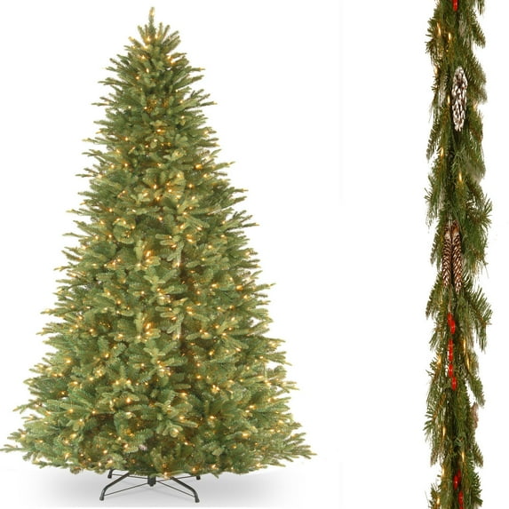 9' "Feel-Real" Tiffany Fir Slim Hinged Tree with 9' x 10" Frosted Berry Garland and 24" Crestwood Spruce Wreath includes LEDs & Clear Lights