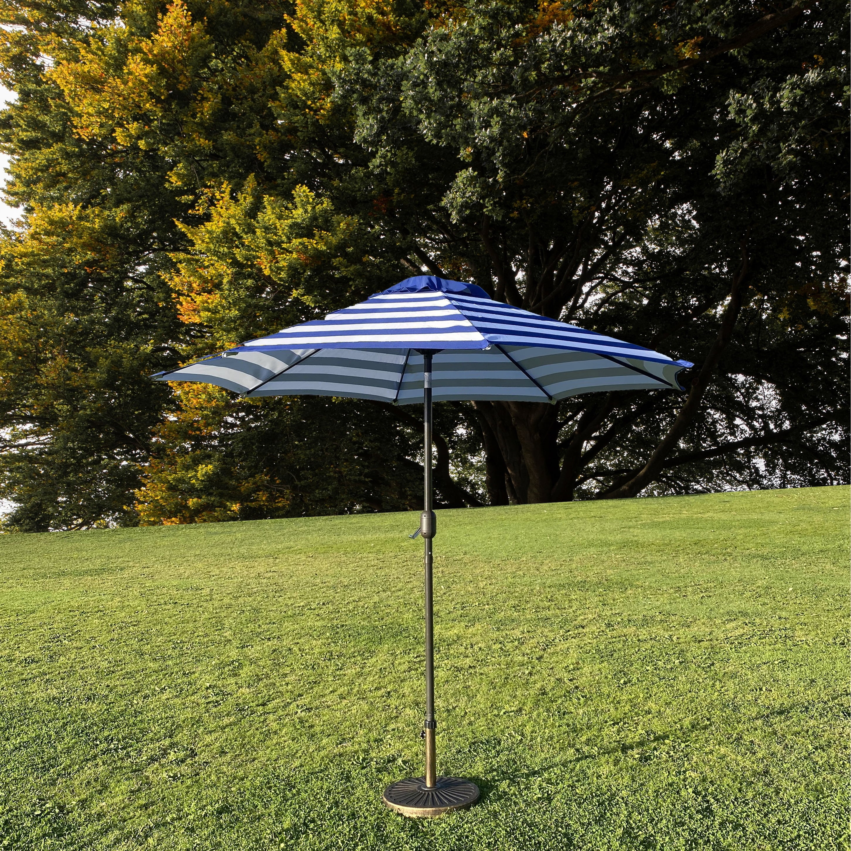 9 Feet  Blue/White Strip Patio Umbrella with Tilt and Crank