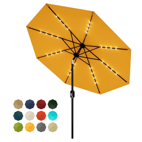 9 Feet Patio Umbrella with Solar Lights, Outdoor Market Umbrella with 32 LED, Tilt Crank, Alloy Steel & Polyester for Outdoor Garden, Deck, Backyard, Pool