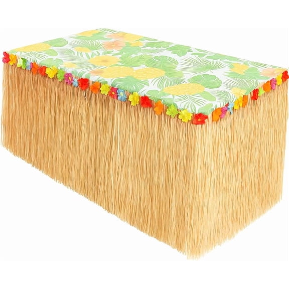 9 Feet x 29.5" Luau Grass Table Skirt - Hawaiian Theme Party Skirt with Hibiscous Flower Decoration - Fringe Raffia Natural Straw Colored Backdrop for Luau Tropical Theme Dcor