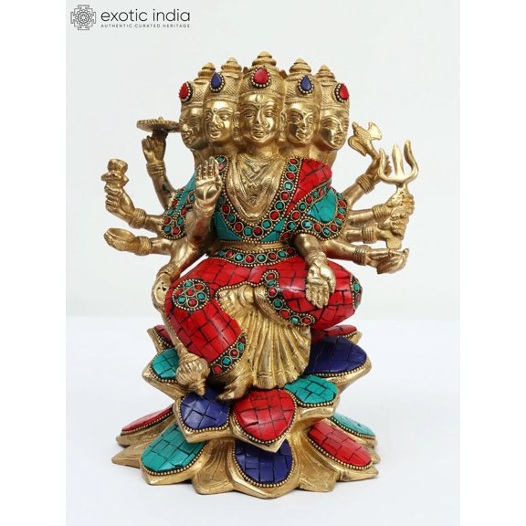 9" Five Headed Goddess Gayatri Seated on Lotus | Brass Statue with Inlay Work