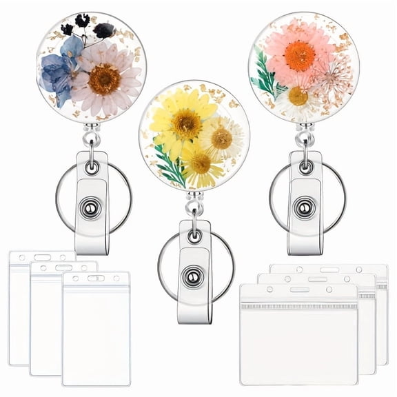 9-Flower 2D Dried Resin Badge Reel with Adjustable Stand & Keychain – Circular Floral ID Holder Clip for Nurses, Teachers, Healthcare Professionals, Physicians, and Office Employees