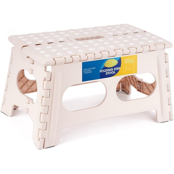 9" Folding Step Stool for Adults and 15-Inch Extra Wide Stool Holds Up to 300 lbs,Non-Slip Folding Stools with Handle,Compact Plastic Foldable Step Stool for Bathroom,Kitchen,ect Khaki