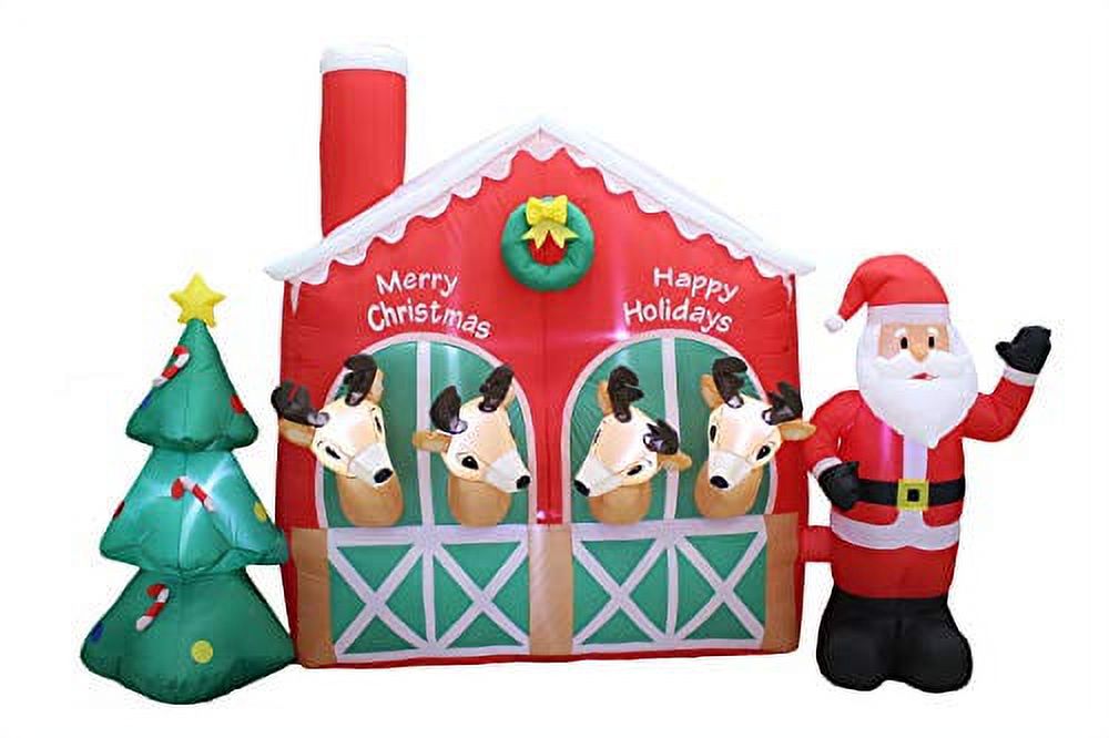 9 Foot Long Christmas Inflatable Santa Reindeer in Stable with Christmas Tree Cute Lights