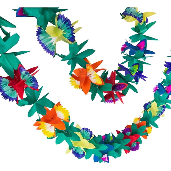 9 Foot Paper Garland Tropical Hibiscus Decorations, Multicolored Tissue Flower Leaves Banner for Luau Party, Birthday, Hawaiian Theme