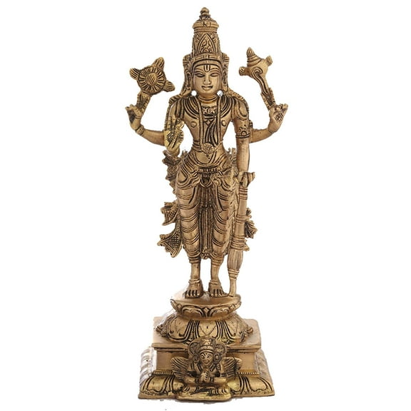 9" Handmade Brass Four-Armed Standing Vishnu Statue for Puja Decor